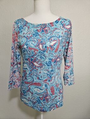 Casey Key Blue & Pink Paisley Boat Neck Sheer 3/4 Sleeve T-Shirt Top Size Small